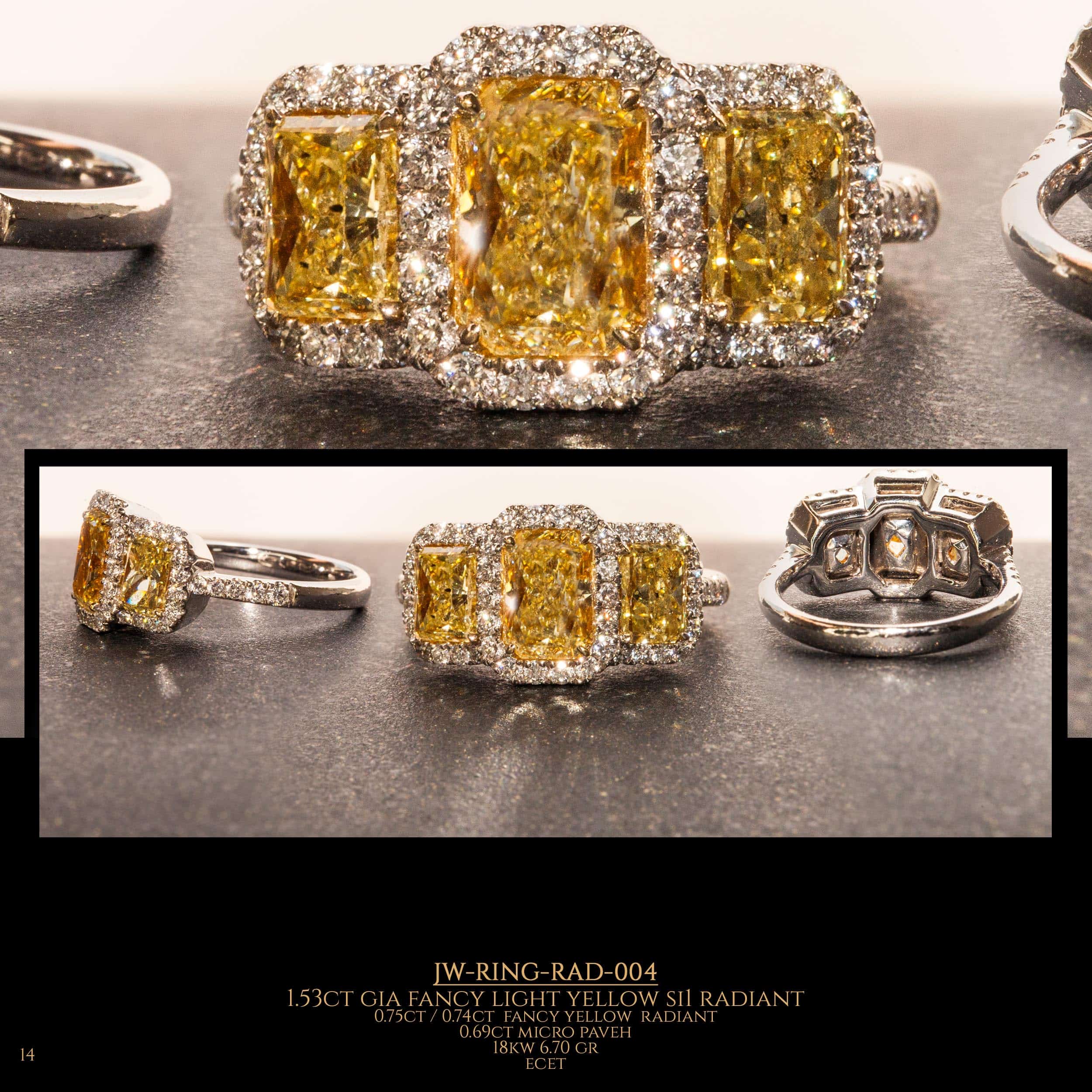 Different photo angles of a diamond ring with 3 painted diamonds in the center Radiant shape