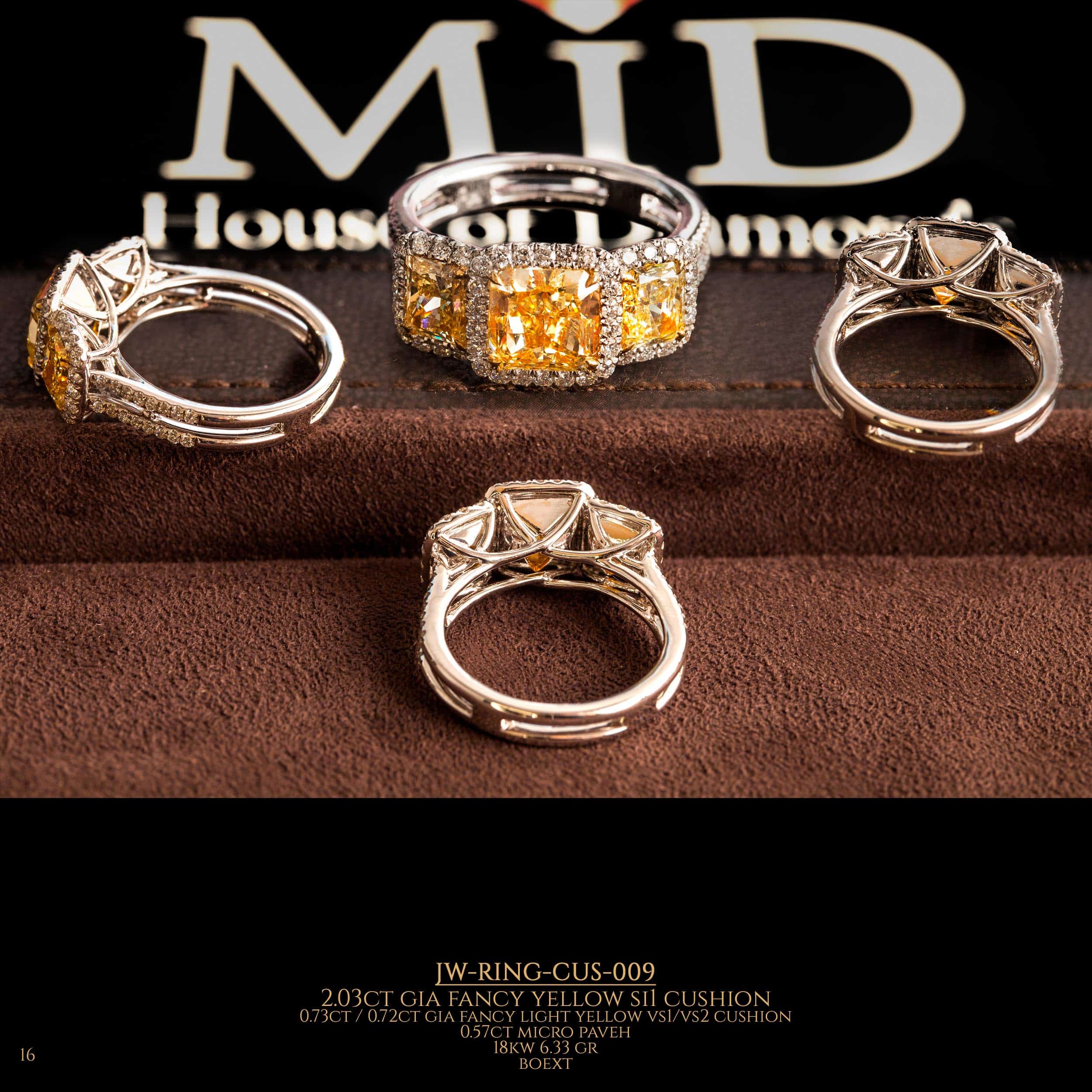 Shooting from different angles of diamond ring with 3 large yellow diamonds in the center