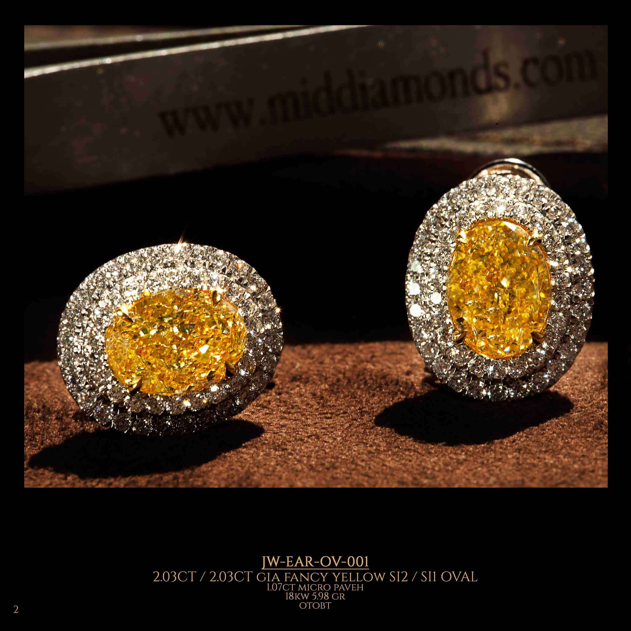 Diamond-studded earrings with a large yellow diamond in the center