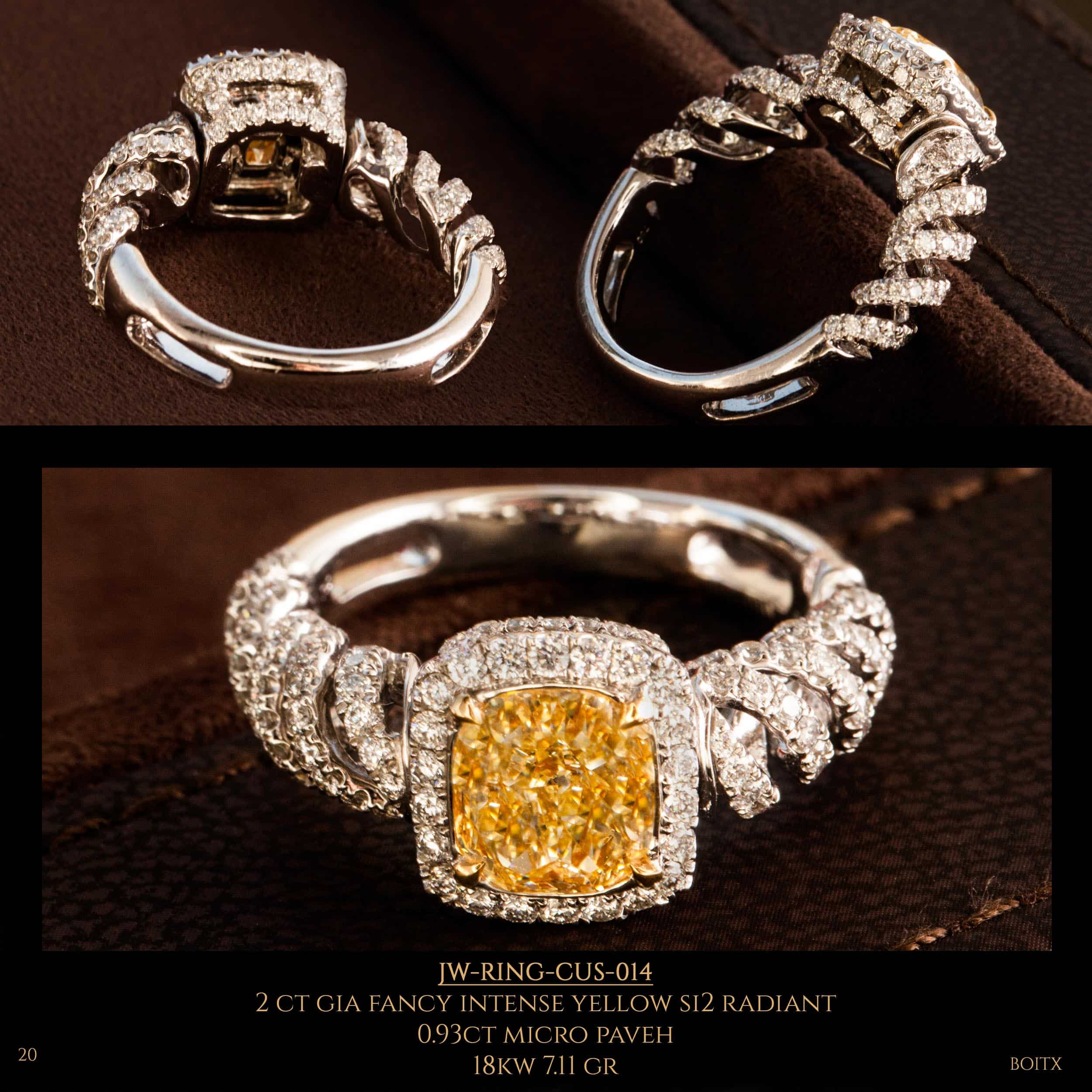3 Photographic angles of a diamond set ring with a fancy intense yellow si2 radiant diamond
