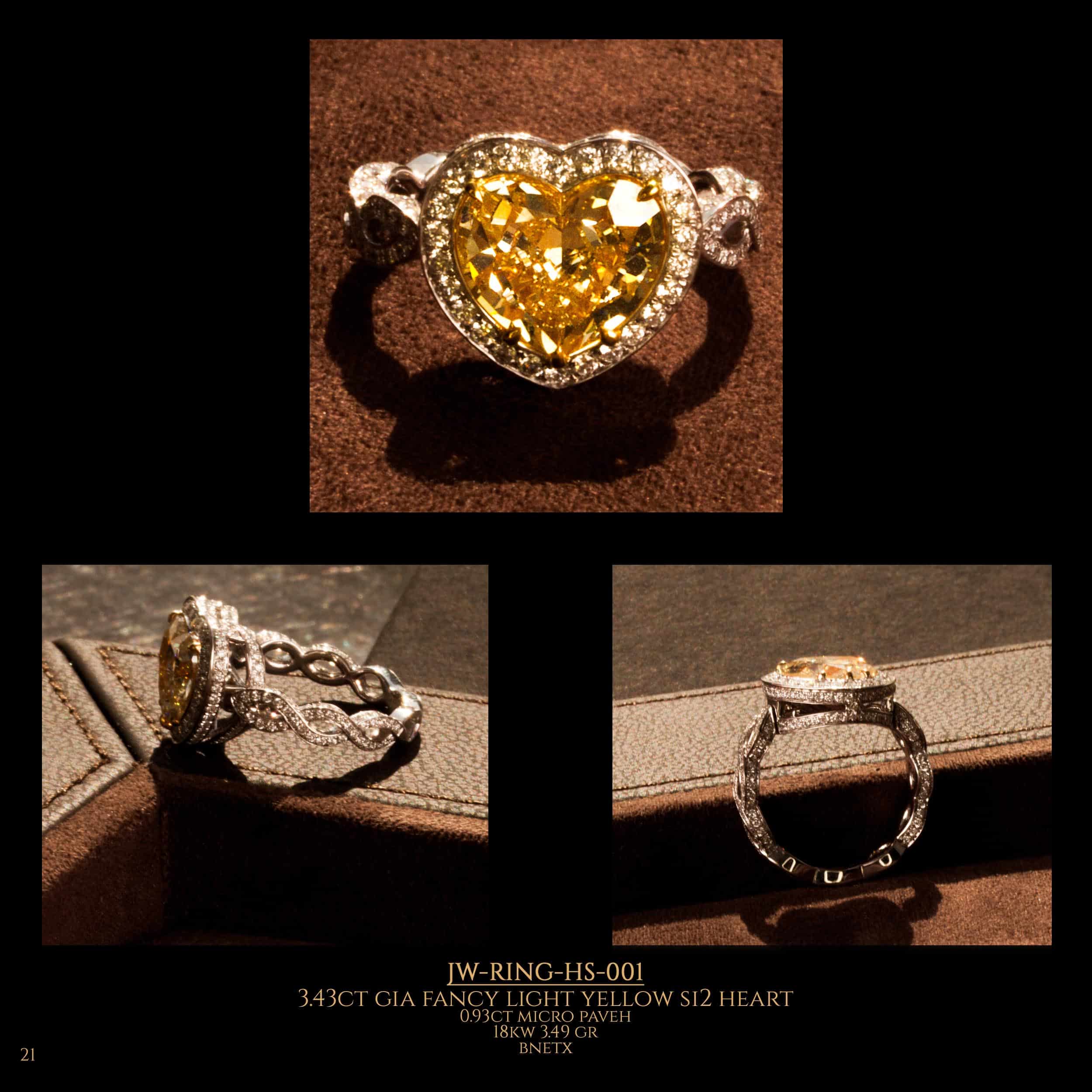 3 Photographic angles of a diamond set ring with a GIA fancy light yellow si2 heart diamond