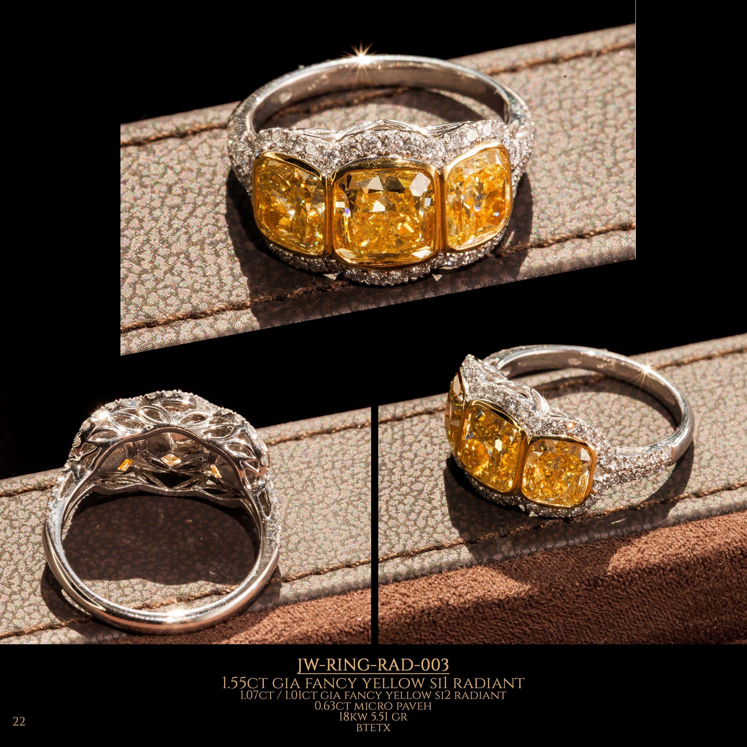 Shooting from different angles of diamond ring with 3 large fancy yellow SI 1 radiant diamonds in the center