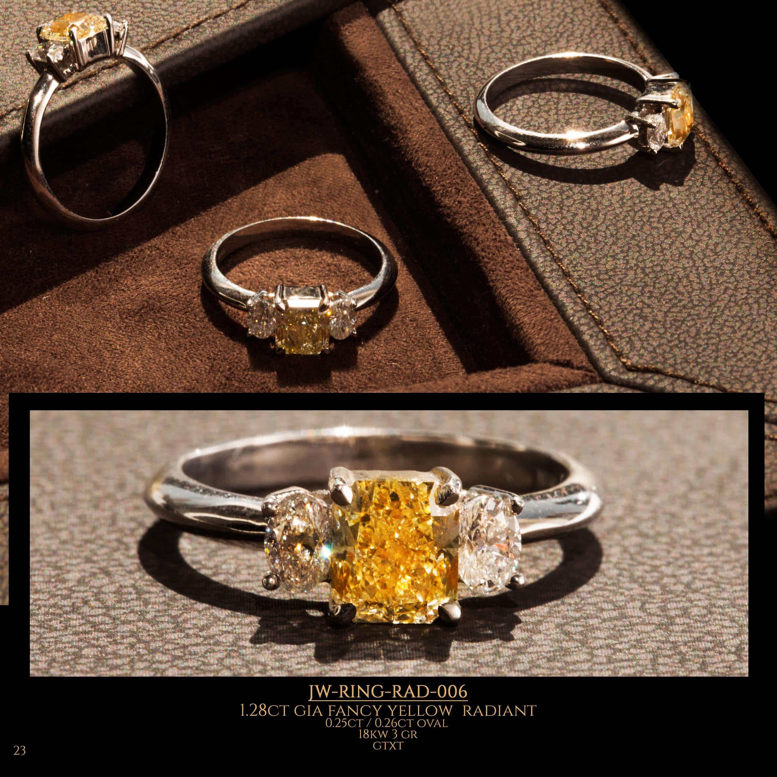 Shooting from different angles of diamond ring with large fancy yellow radiant diamonds in the center