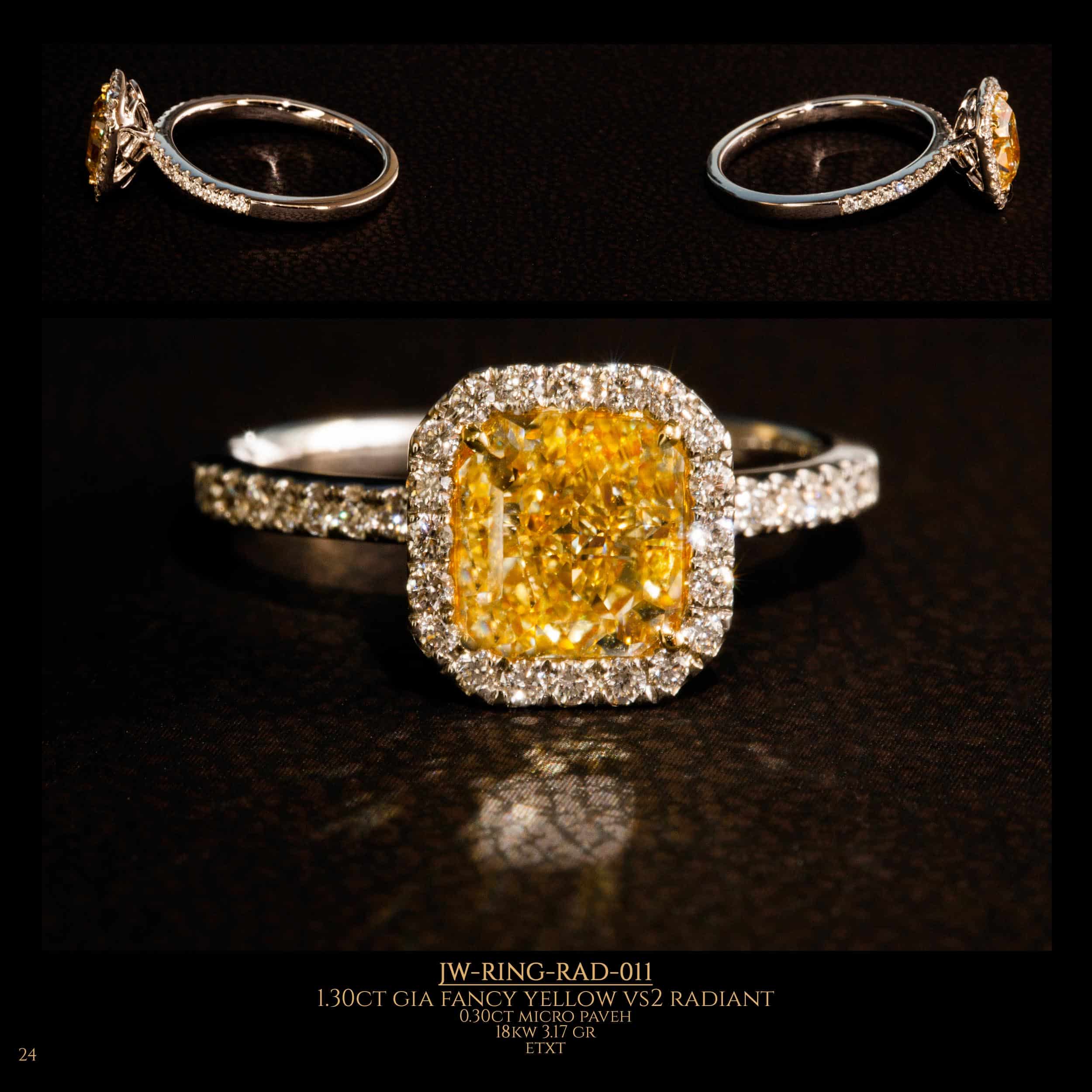 Shooting from different angles of diamond ring with large fancy yellow vs2 radiant diamonds in the center
