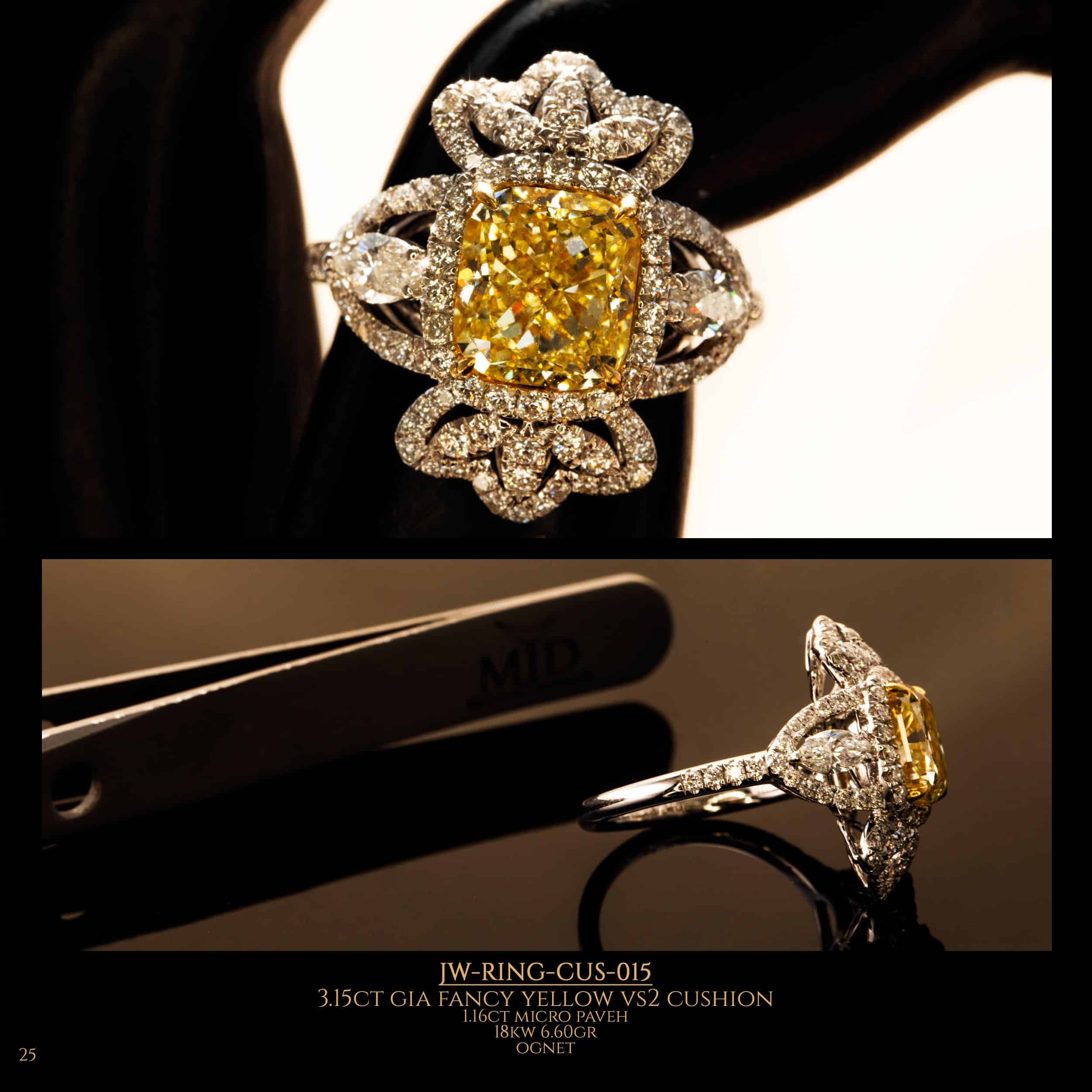 Shooting from different angles of flower shape diamond ring with large fancy yellow VS1 cushion diamonds in the center