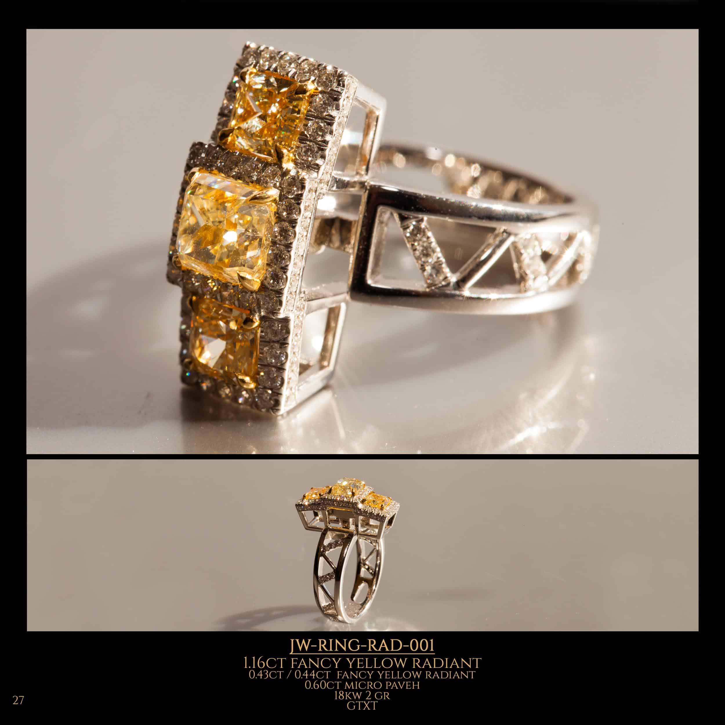 Shooting from different angles of diamond ring with 3 large fancy yellow radiant diamonds in the center