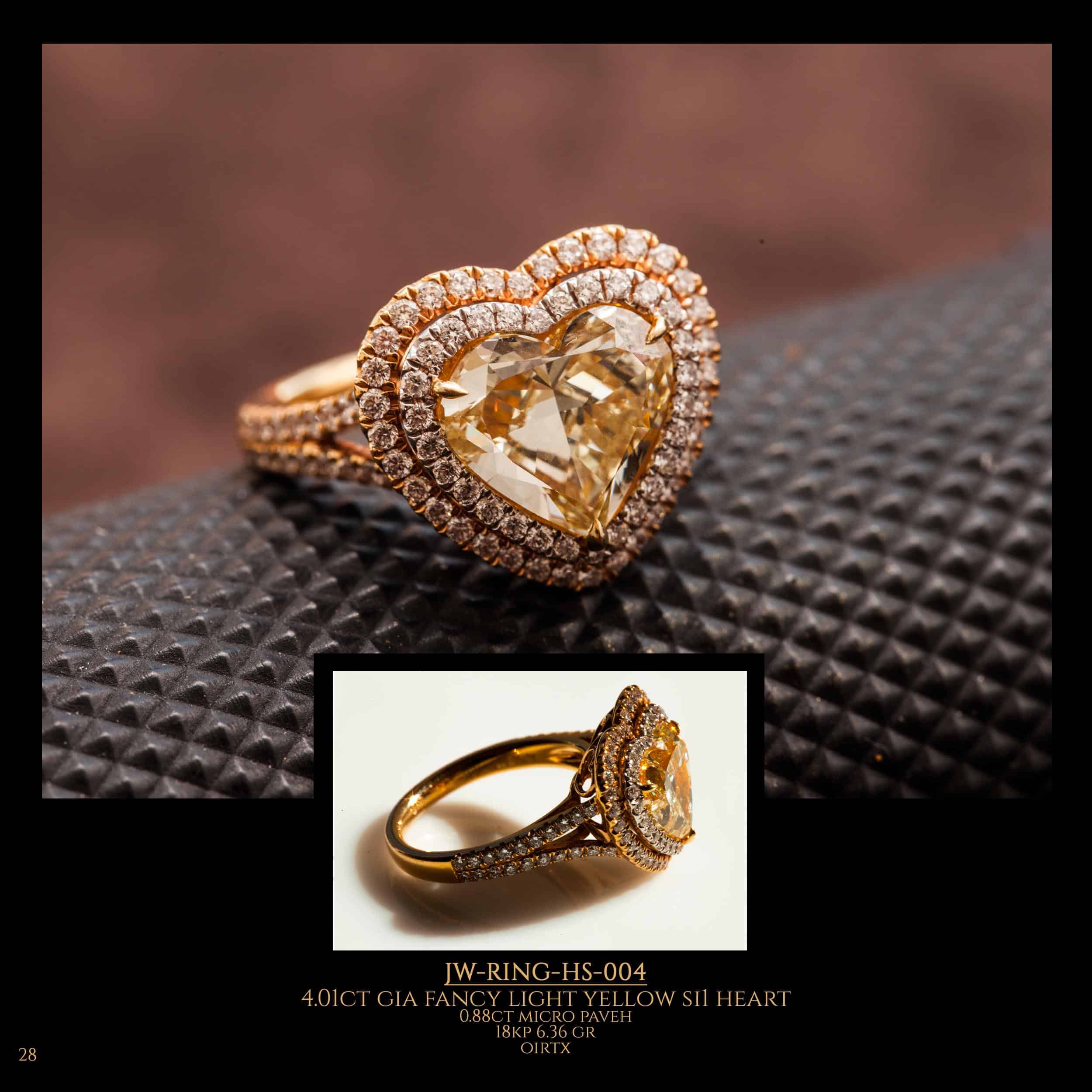 Shooting from different angles of heart shape diamond ring with large fancy yellow SI 1 heard diamonds in the center