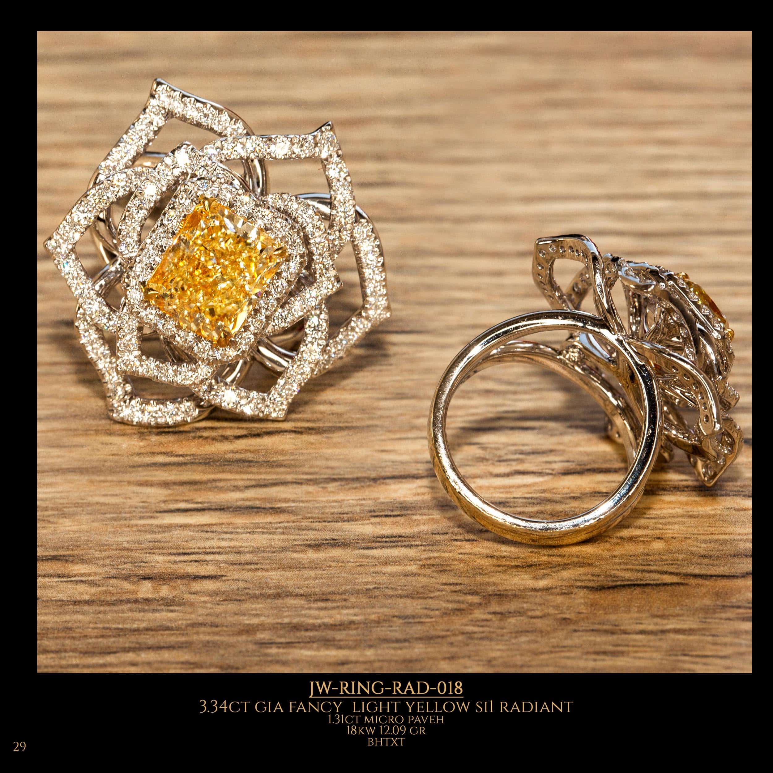 Shooting from different angles of flower diamond ring with fancy light yellow radiant diamonds in the center