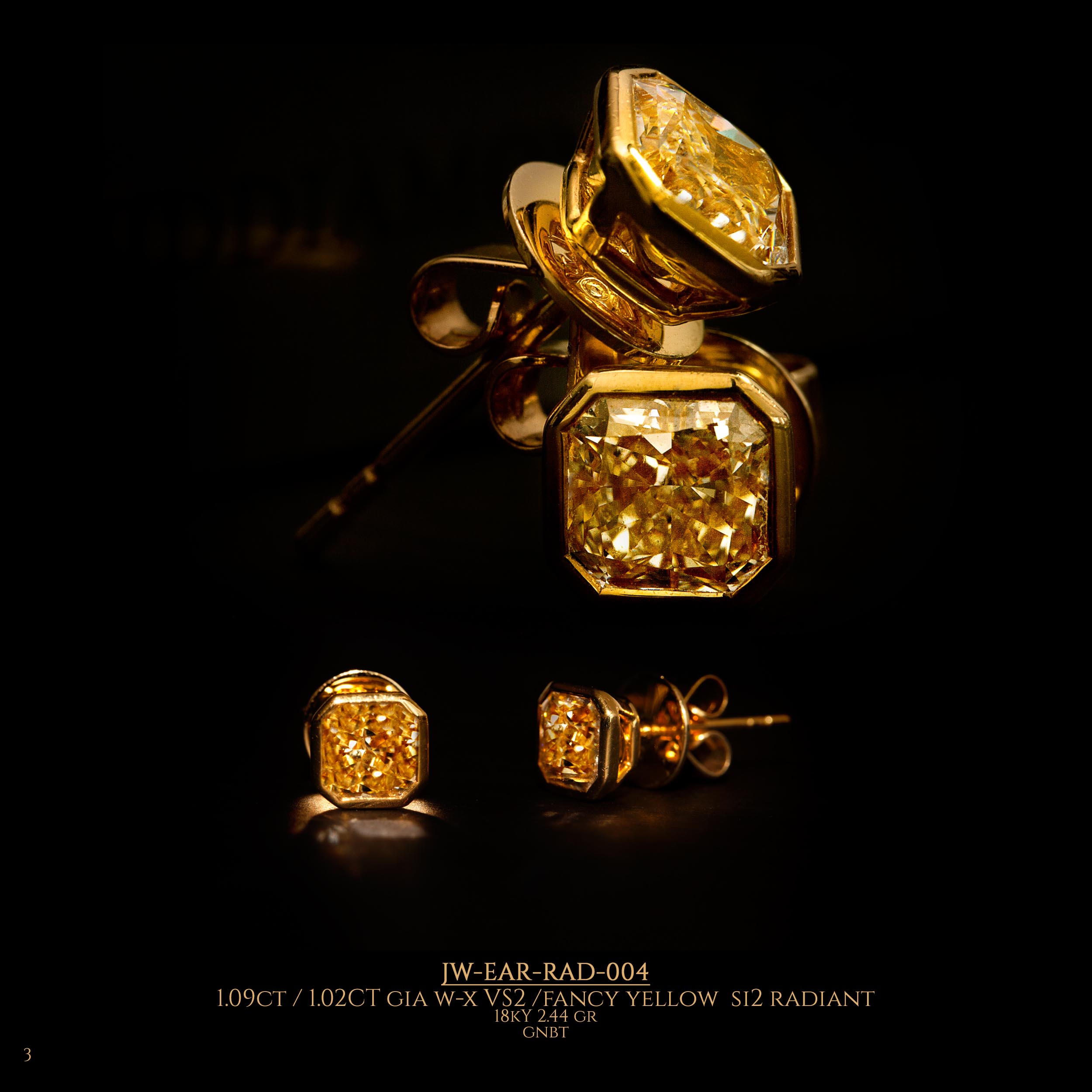 Zoom in and out image of earrings with a large yellow diamond in the center