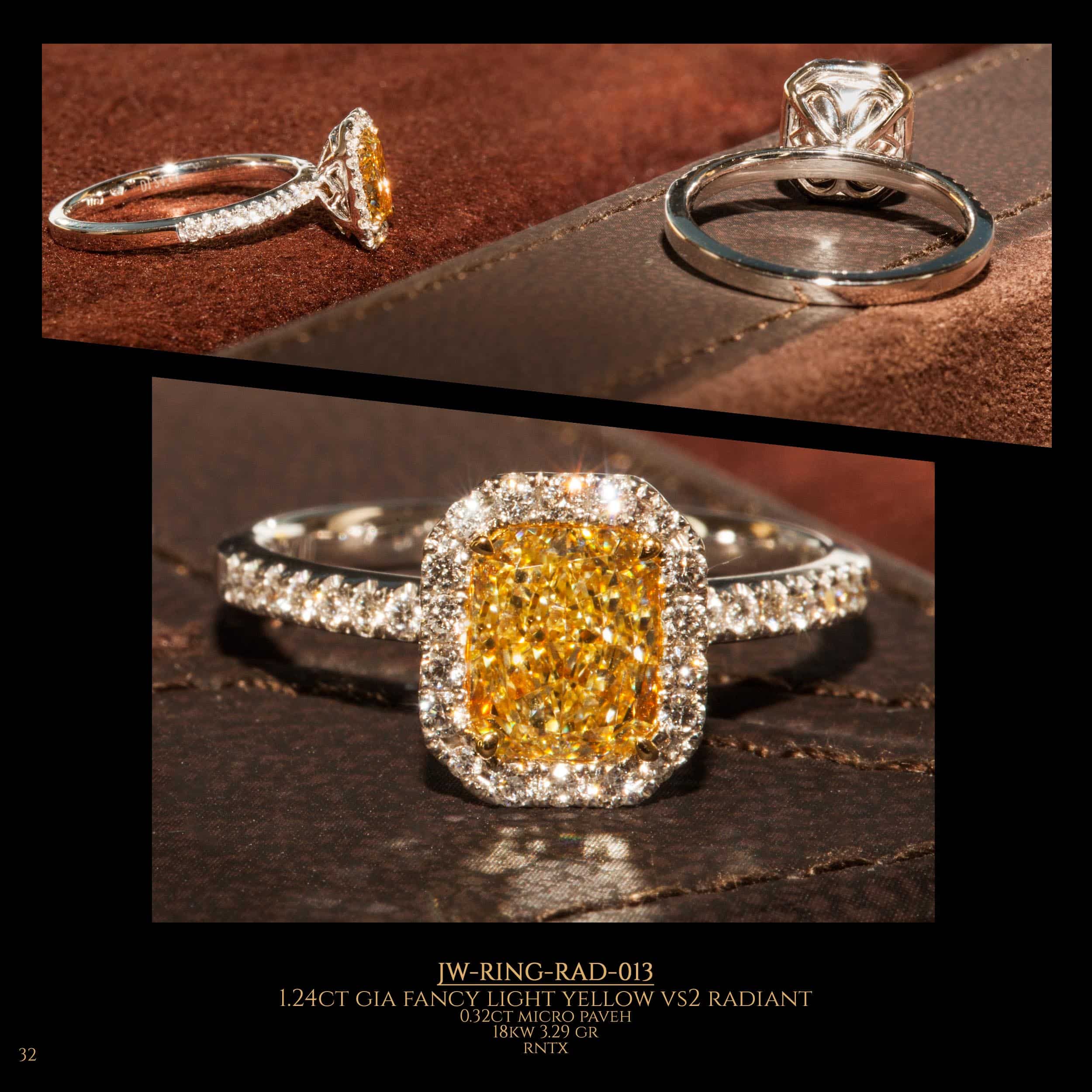 Diamond ring with light fancy yellow radiant diamond in the center