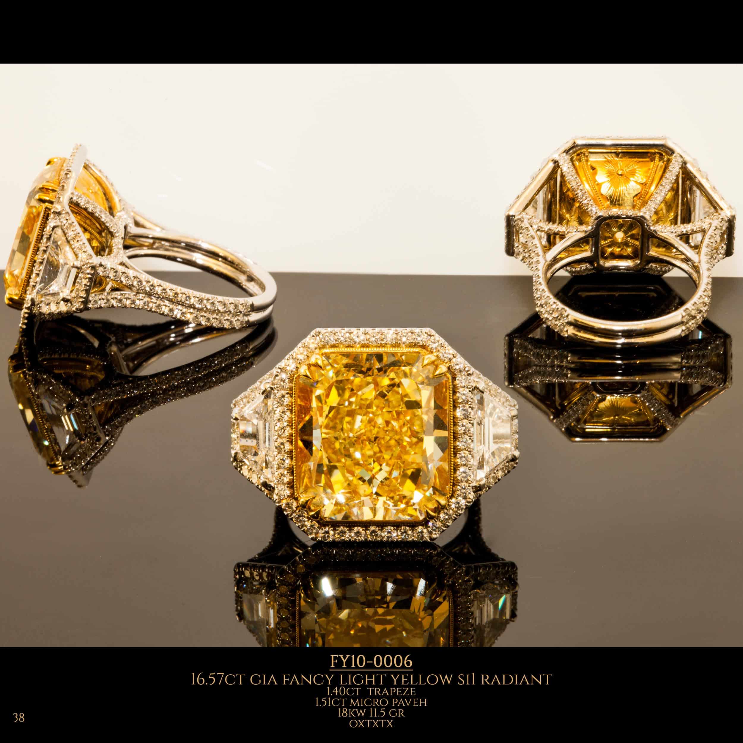 Unique shape diamond ring with large fancy light yellow radiant diamond in the center