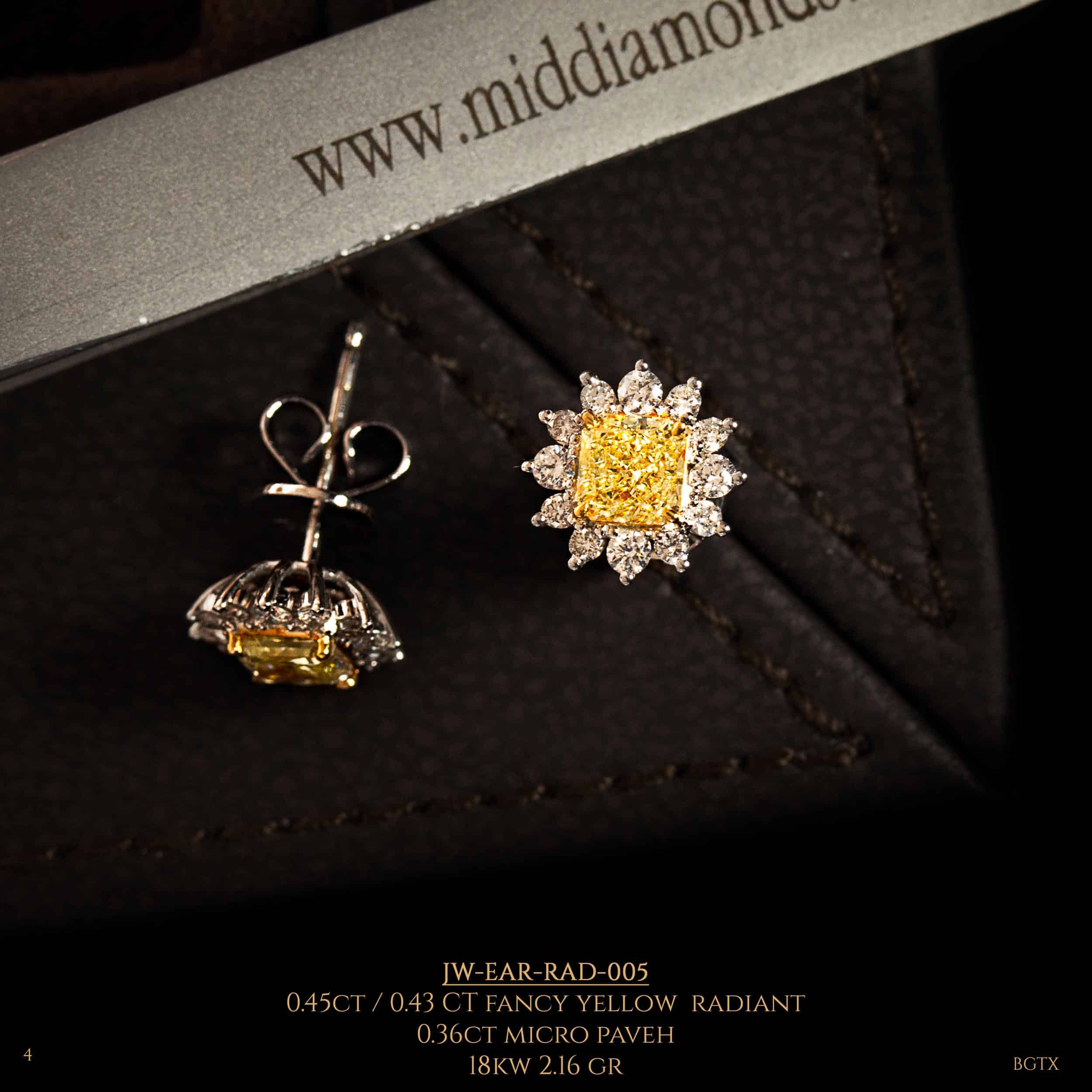 Diamond earrings in the shape of a flower and in the center a magnificent yellow diamond