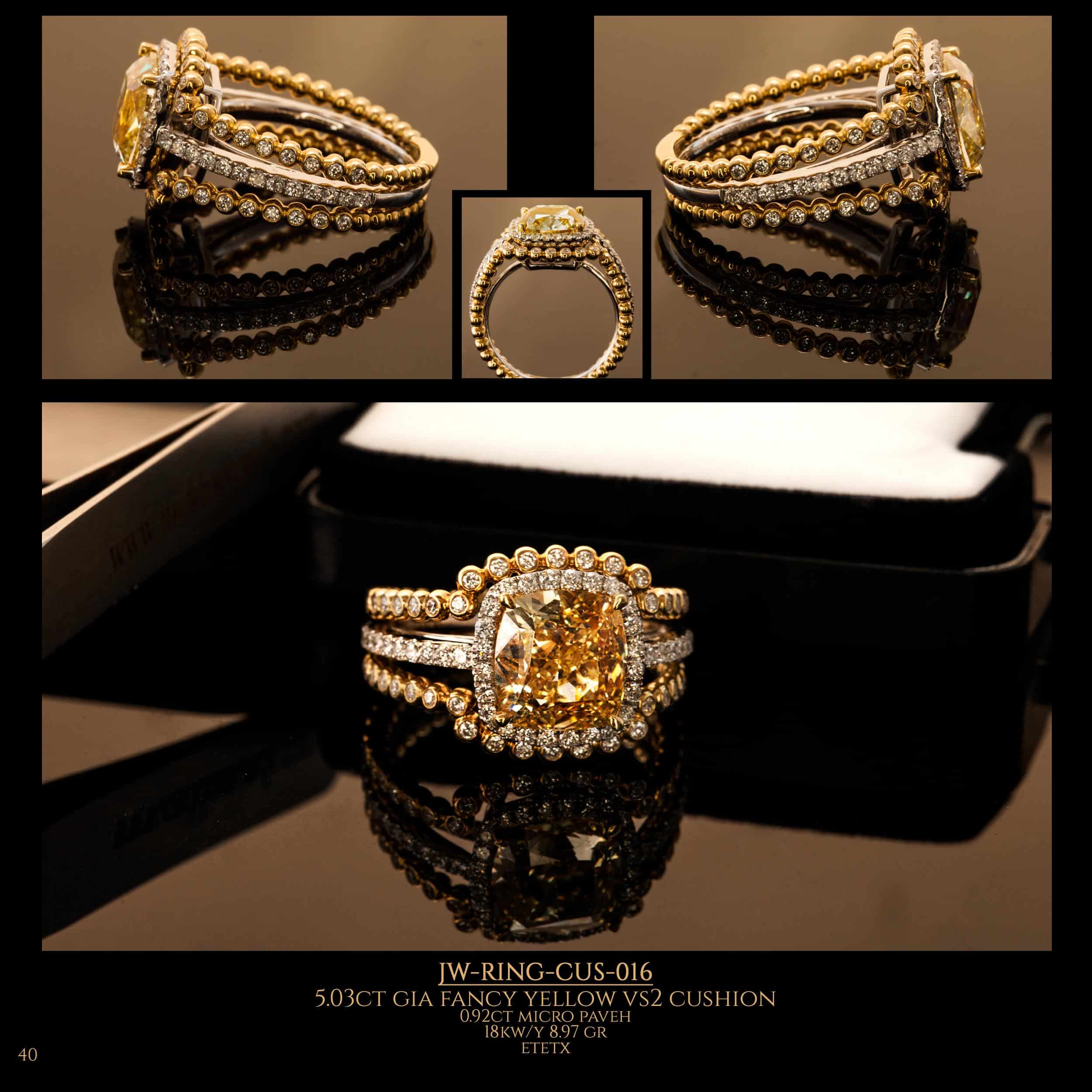 A picture is divided into 4, with a ring with a 5.03ct fancy yellow diamond in the center and small diamonds around each part. Photographed at different angles