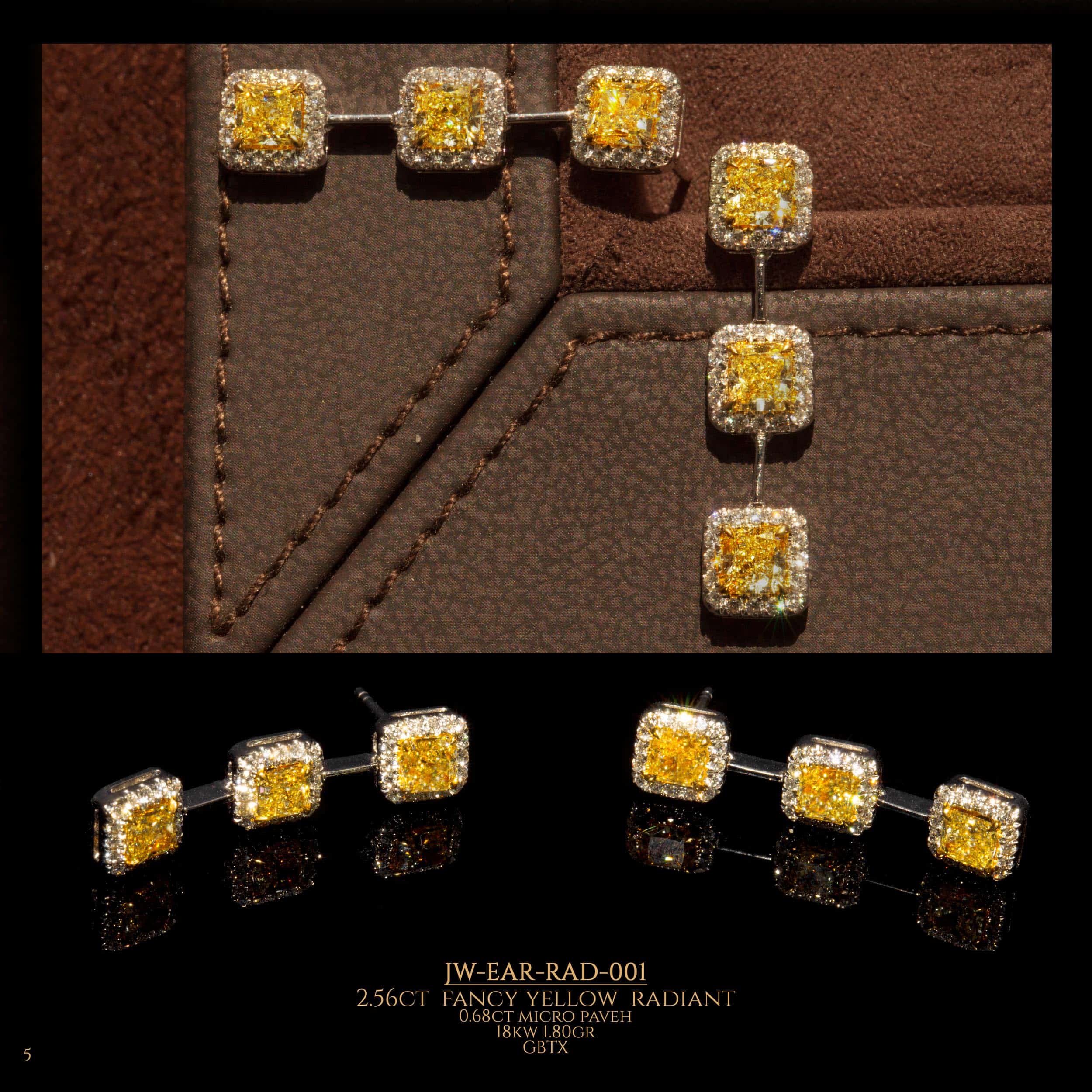 3-piece dangling diamond earrings made of diamonds with a yellow diamond in the center.
