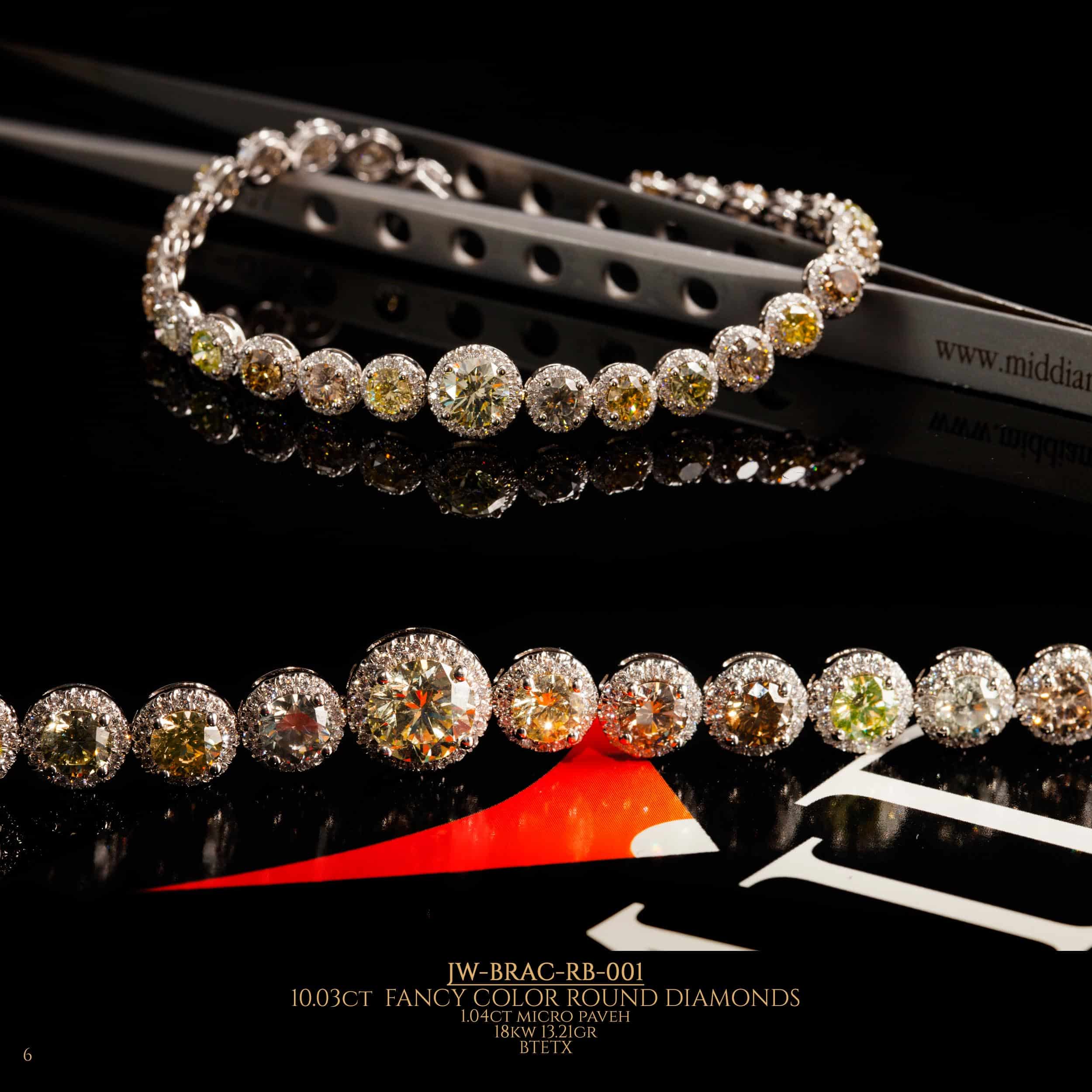 Image of closed and open diamond bracelet with colored round diamonds