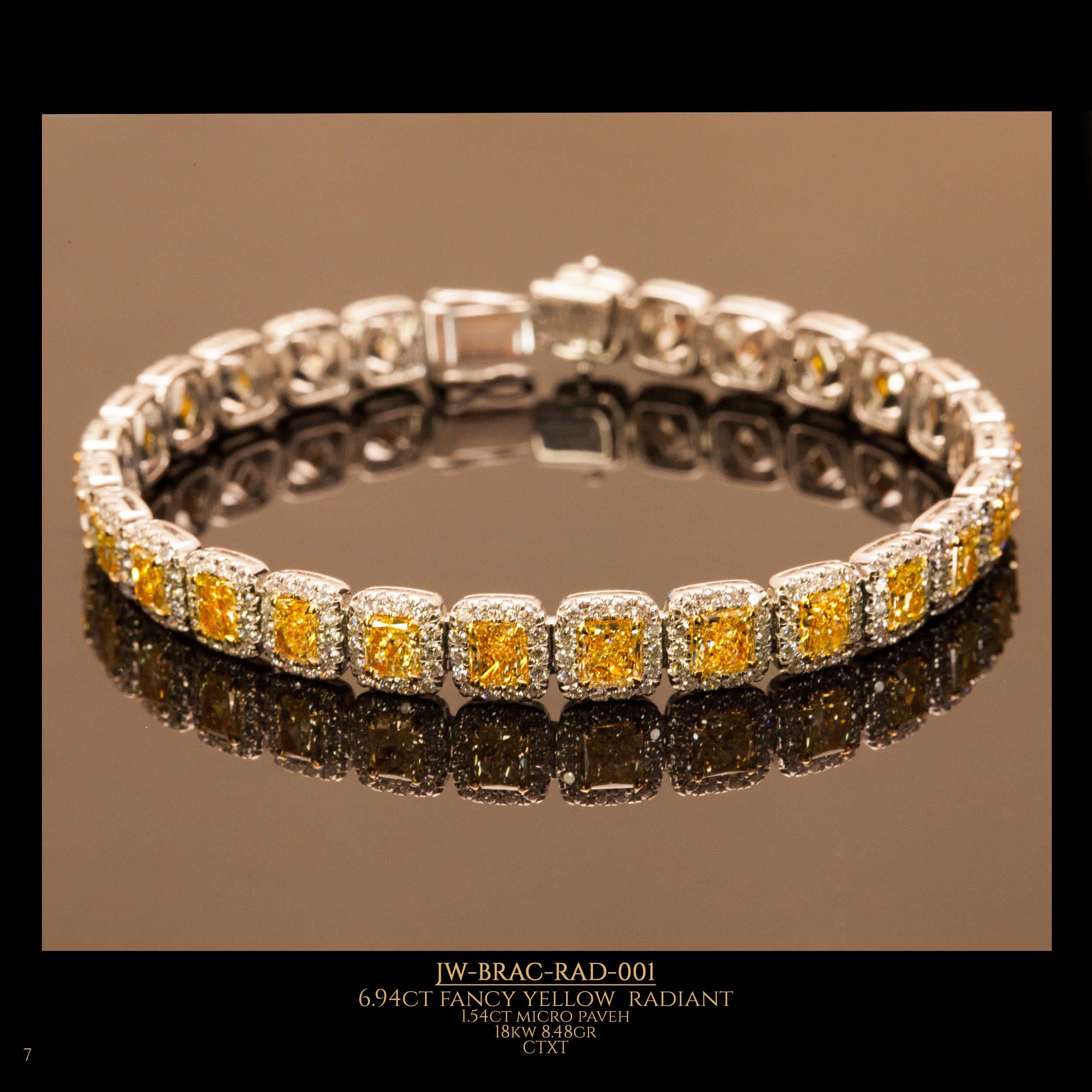 Closed diamond bracelet with large yellow diamonds surrounded by regular diamonds in the shape of a radiant