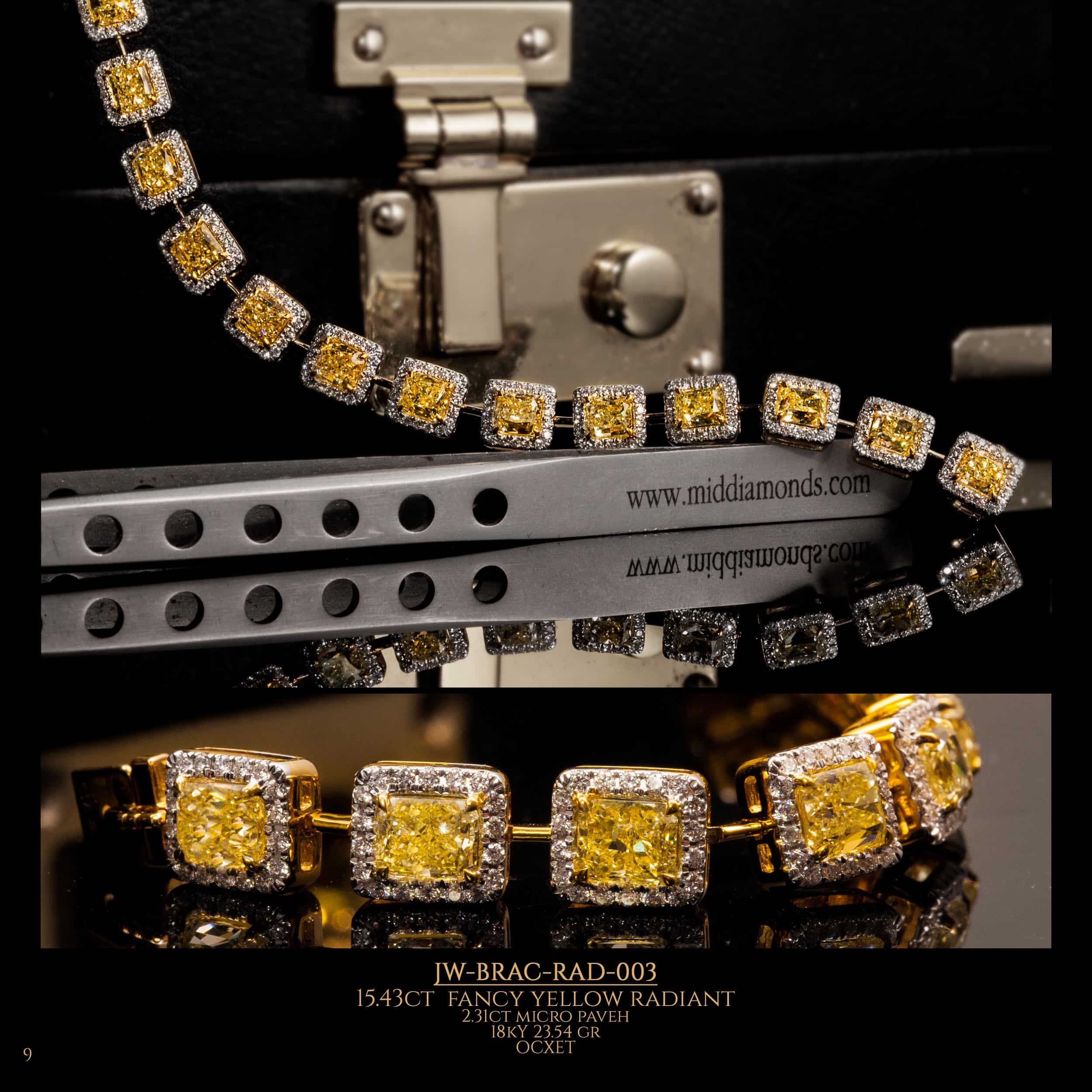 open diamond bracelet with large yellow diamonds surrounded by regular diamonds in the shape of a radiant