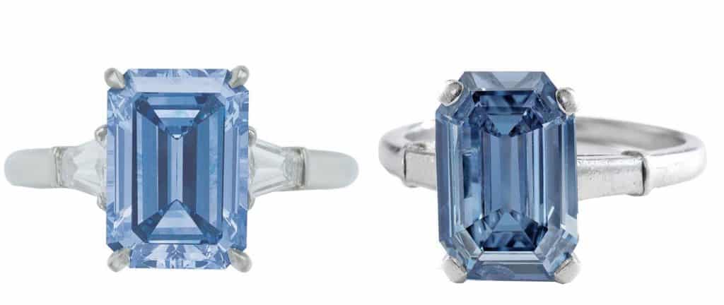 2 Rings featuring fancy blue diamonds with baguette diamond side stones set in elegant white metal bands.
