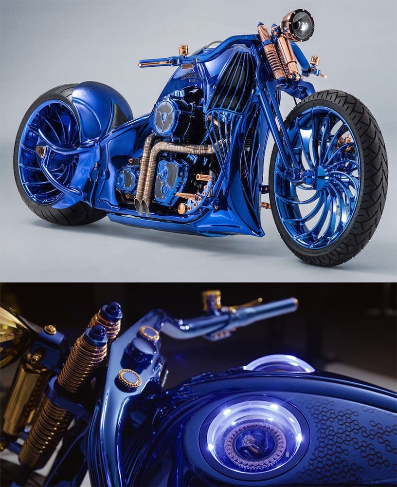 The a custom-built Blue Edition bike, complete with diamonds and sophisticated timepieces, created by Harley Davidson and Bucherer.