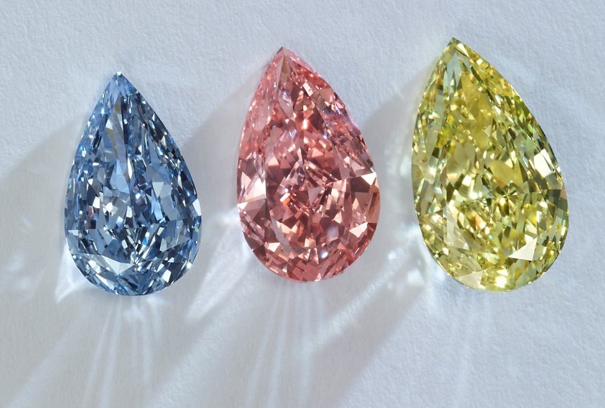 Blue, pink and yellow, pear shape fancy colored diamonds