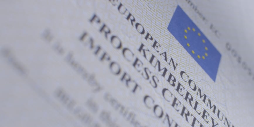 A Kimberley Process certificate issued on a parcel of rough diamonds by the European Union.
