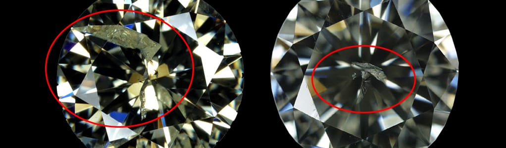 Two diamonds with clearly noticeable surface-reaching fractures. Fracture-filling treatment would render these cracks virtually invisible to the naked eye.