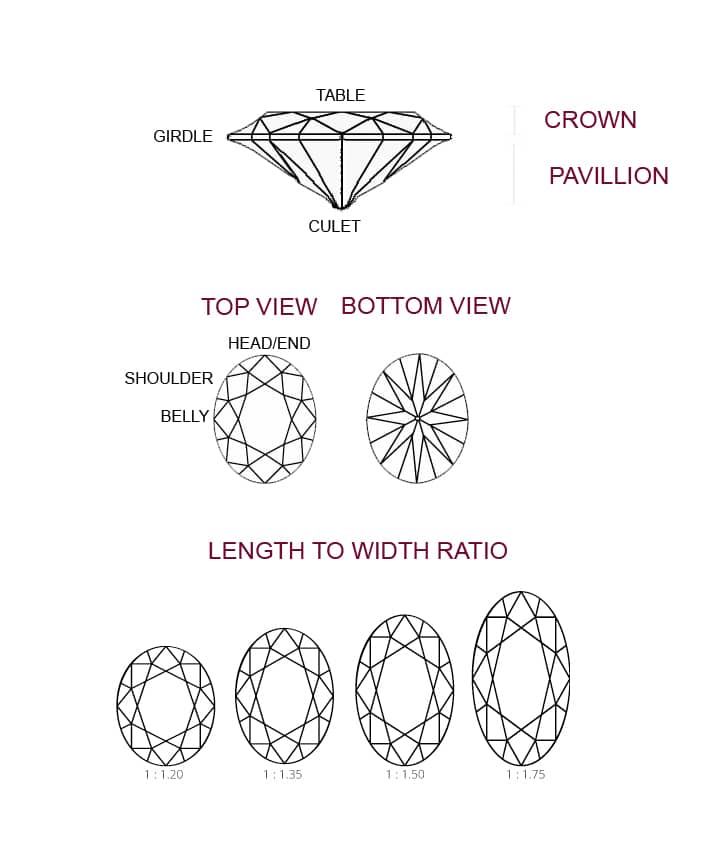 A diagram showing the dimensions and proportions of an oval-shaped diamond, explaining the intricacies of its cut