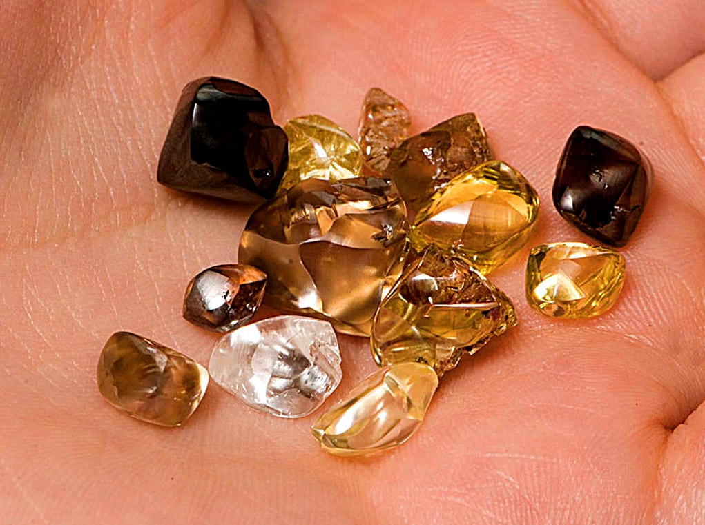 A selection of fancy colored and white diamonds that have been discovered over the years at the Crater of Diamonds State Park