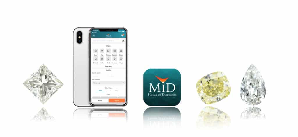 smartphone with the MID House of Diamonds app open & MID House logo