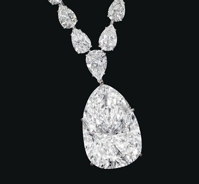 The diamond necklace, which had a pear-shaped 116 carat F-color diamond as its center stone, which sold in New York at Christie’s for $6.3 million. (Photo courtesy of Christie’s)