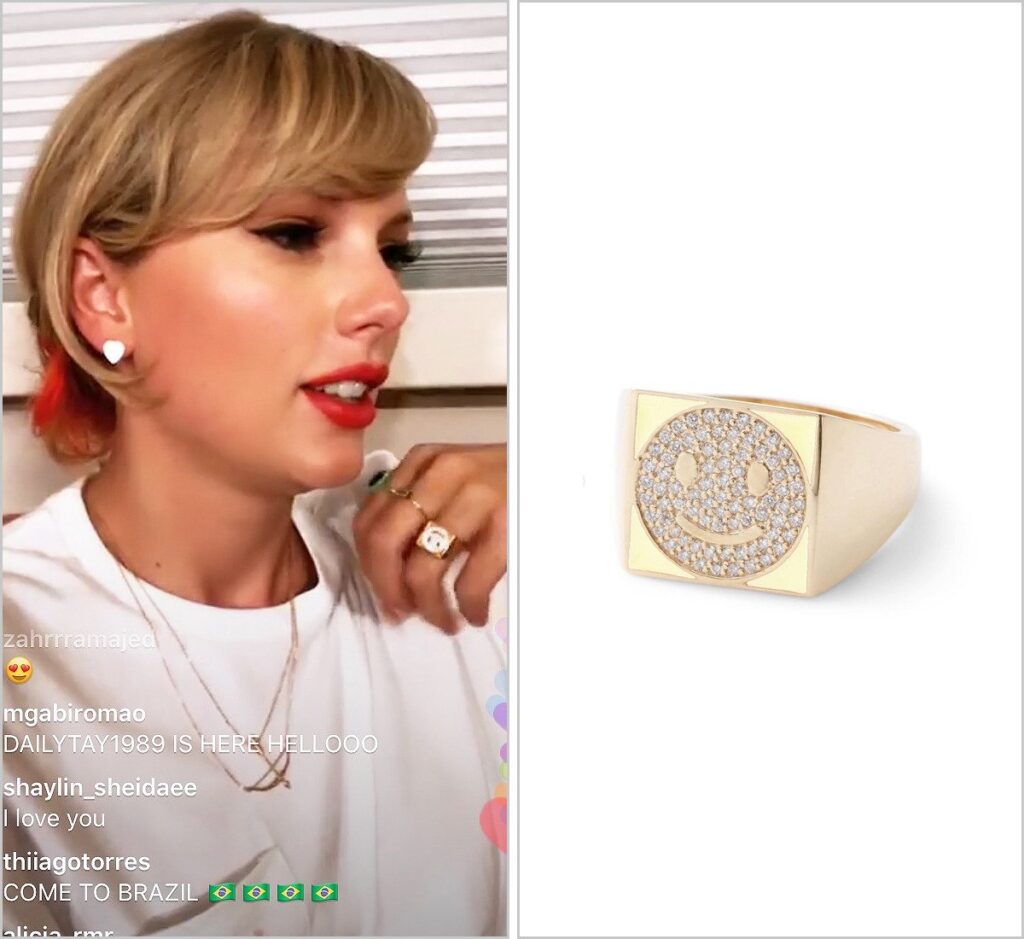 Sarah Kucharski on X: "Some of @taylorswift13's jewelry from her latest livestream. @MMjewelry heart earrings ($52), @AlisonLouJewels smiley ring ($4.4k) and #JenniferMeyer turquoise bar ring ($350). Details + purchase links @ https://t.co/HSuZiLVkRa