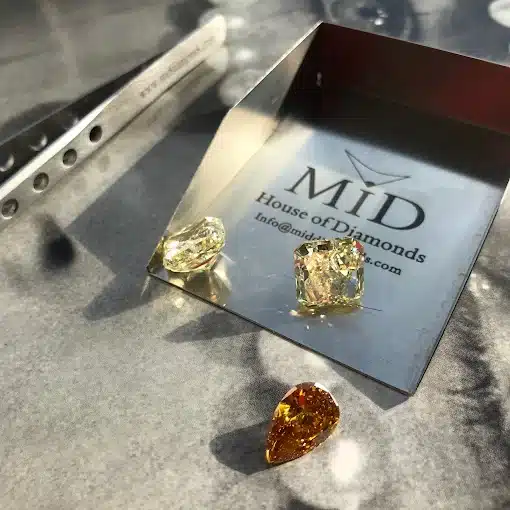 Fancy color loose diamonds on MID tray — MID London, Hatton Garden; buy loose diamonds UK